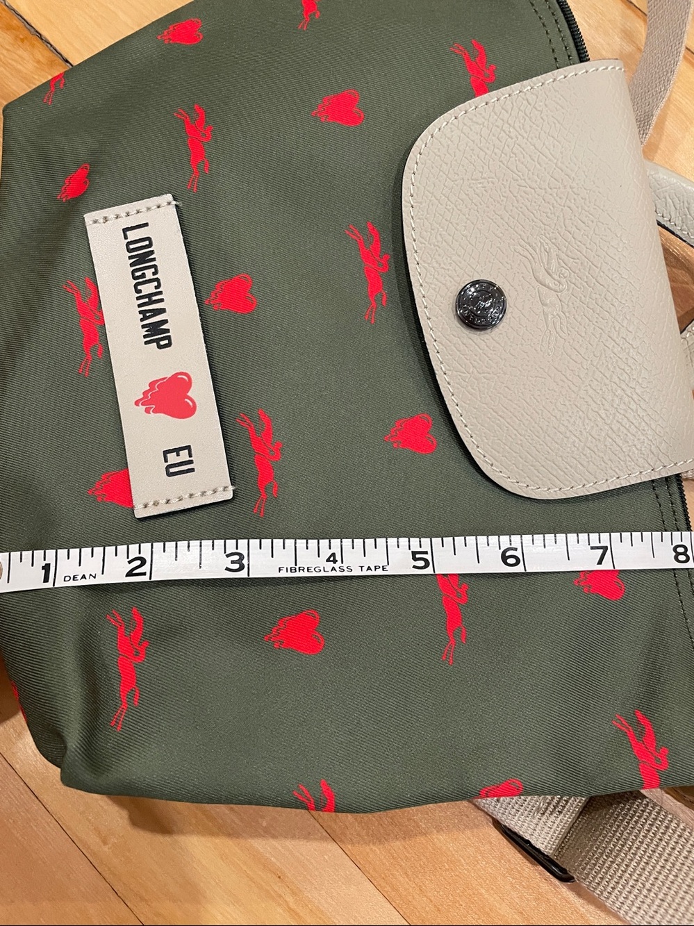 Longchamp Green Nylon Mini Backpack with Red Heart Print and Tan Flap - Picture 10 of 10